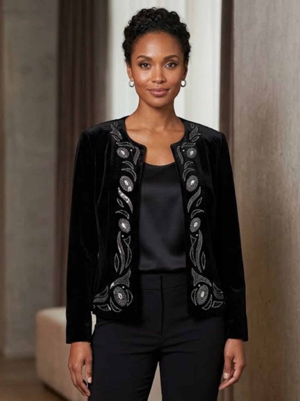 toptopolo Black Velvet Embellished Open-Front Jacket Size S